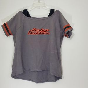 Harley-Davidson Gray Short and Striped Sleeve Shirt with high-low hem li…